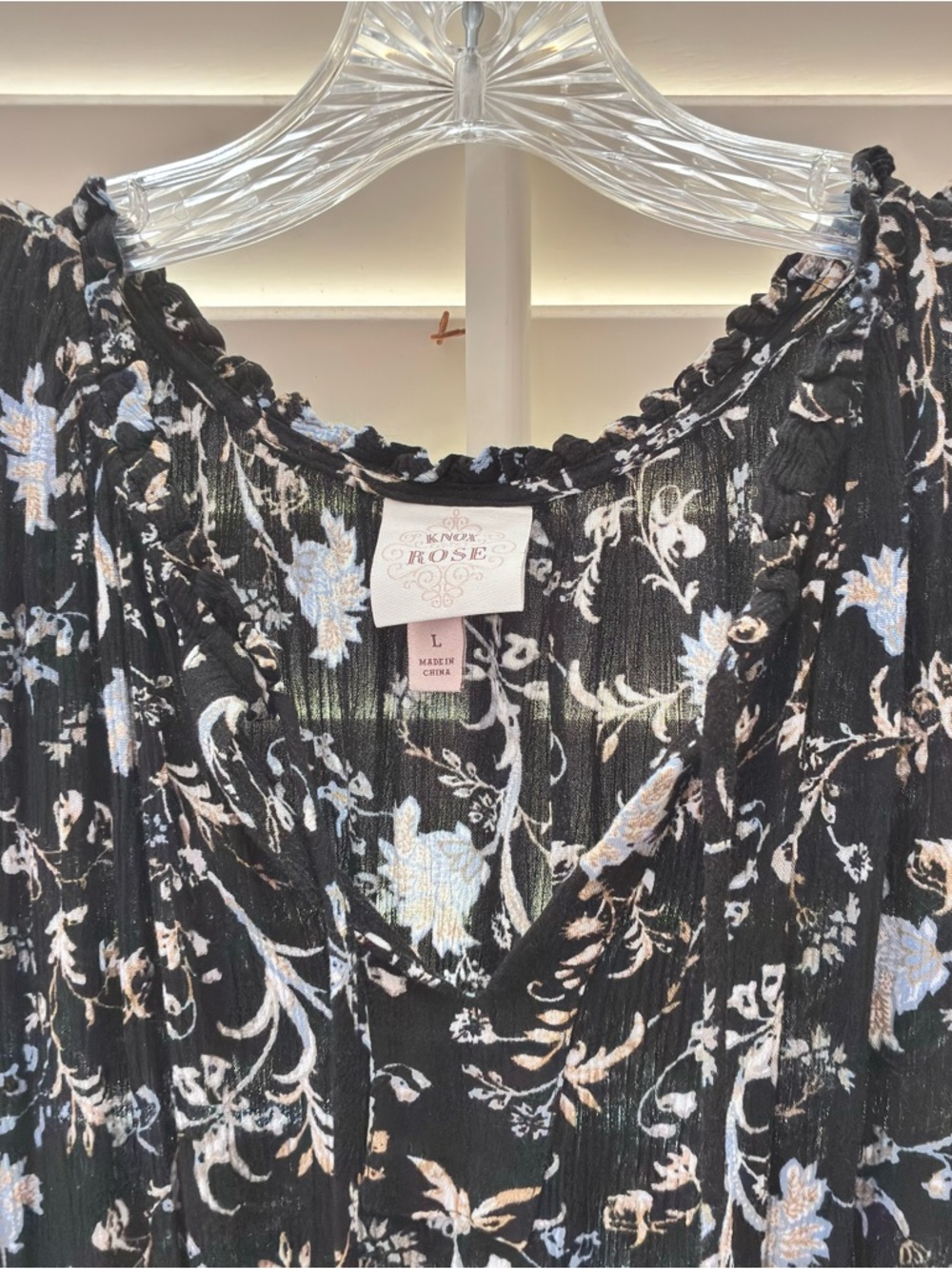 Knox Rose Black Floral Smocked Waist Handkerchief Hem Midi Dress Size L - Picture 10 of 11